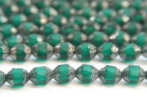 Matte Teal Emerald Firepolish, Silver Crowned Czech Bols