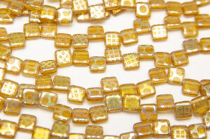 Deep Amber Checker Stenciled 2-Hole 6mm Tile Beads
