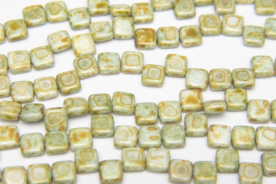 Picasso Pistachio 2-Hole 6mm Tile Beads
